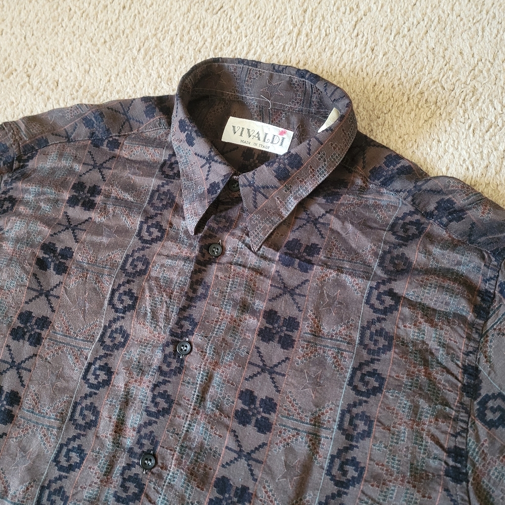 Vintage 90s Vivaldi 666 Rayon Acetate Longsleeve Shirt Mens M/L Brown Clubware